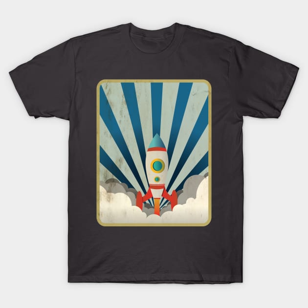 Colorful Rocket w/ Blue Rays and White Smoke T-Shirt by Freid